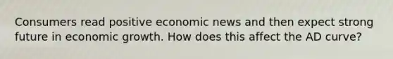 Consumers read positive economic news and then expect strong future in economic growth. How does this affect the AD curve?