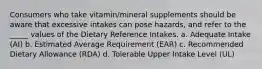 Consumers who take vitamin/mineral supplements should be aware that excessive intakes can pose hazards, and refer to the _____ values of the Dietary Reference Intakes. a. Adequate Intake (AI) b. Estimated Average Requirement (EAR) c. Recommended Dietary Allowance (RDA) d. Tolerable Upper Intake Level (UL)