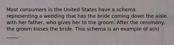 Most consumers in the United States have a schema representing a wedding that has the bride coming down the aisle with her father, who gives her to the groom. After the ceremony, the groom kisses the bride. This schema is an example of a(n) _____.