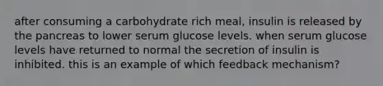 after consuming a carbohydrate rich meal, insulin is released by <a href='https://www.questionai.com/knowledge/kITHRba4Cd-the-pancreas' class='anchor-knowledge'>the pancreas</a> to lower serum glucose levels. when serum glucose levels have returned to normal the secretion of insulin is inhibited. this is an example of which feedback mechanism?