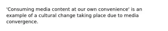 'Consuming media content at our own convenience' is an example of a cultural change taking place due to media convergence.