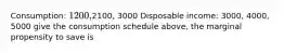 Consumption: 1200,2100, 3000 Disposable income: 3000, 4000, 5000 give the consumption schedule above, the marginal propensity to save is