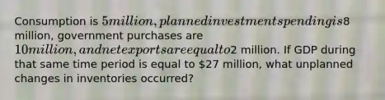 Consumption is 5 million, planned investment spending is8 million, government purchases are 10 million, and net exports are equal to2 million. If GDP during that same time period is equal to 27 million, what unplanned changes in inventories occurred?