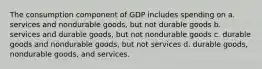 The consumption component of GDP includes spending on a. services and nondurable goods, but not durable goods b. services and durable goods, but not nondurable goods c. durable goods and nondurable goods, but not services d. durable goods, nondurable goods, and services.