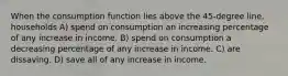 When the consumption function lies above the 45-degree line, households A) spend on consumption an increasing percentage of any increase in income. B) spend on consumption a decreasing percentage of any increase in income. C) are dissaving. D) save all of any increase in income.