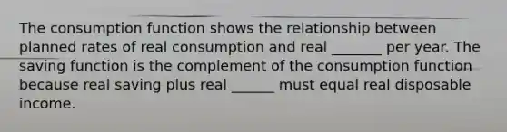 The consumption function shows the relationship between planned rates of real consumption and real _______ per year. The saving function is the complement of the consumption function because real saving plus real ______ must equal real disposable income.