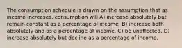 The consumption schedule is drawn on the assumption that as income increases, consumption will A) increase absolutely but remain constant as a percentage of income. B) increase both absolutely and as a percentage of income. C) be unaffected. D) increase absolutely but decline as a percentage of income.