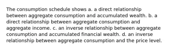 The consumption schedule shows a. a direct relationship between aggregate consumption and accumulated wealth. b. a direct relationship between aggregate consumption and aggregate income. c. an inverse relationship between aggregate consumption and accumulated financial wealth. d. an inverse relationship between aggregate consumption and the price level.