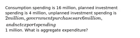 Consumption spending is 16 million, planned investment spending is 4 million, unplanned investment spending is 2 million, government purchases are 6 million, and net export spending1 million. What is aggregate expenditure?