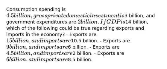 Consumption spending is 4.5 billion, gross private domestic investment is3 billion, and government expenditures are 2 billion. If GDP is14 billion, which of the following could be true regarding exports and imports in the economy? - Exports are 15 billion, and imports are10.5 billion. - Exports are 9 billion, and imports are6 billion. - Exports are 4.5 billion, and imports are2 billion. - Exports are 6 billion, and imports are8.5 billion.