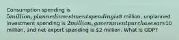 Consumption spending is 5 million, planned investment spending is8 million, unplanned investment spending is 2 million, government purchases are10 million, and net export spending is 2 million. What is GDP?