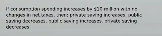 If consumption spending increases by 10 million with no changes in net taxes, then: private saving increases. public saving decreases. public saving increases. private saving decreases.