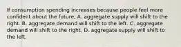 If consumption spending increases because people feel more confident about the​ future, A. aggregate supply will shift to the right. B. aggregate demand will shift to the left. C. aggregate demand will shift to the right. D. aggregate supply will shift to the left.