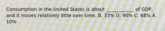 Consumption in the United States is about ____________ of GDP, and it moves relatively little over time. B. 33% D. 90% C. 68% A. 10%