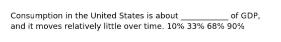 Consumption in the United States is about ____________ of GDP, and it moves relatively little over time. 10% 33% 68% 90%