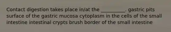 Contact digestion takes place in/at the __________. gastric pits surface of the gastric mucosa cytoplasm in the cells of <a href='https://www.questionai.com/knowledge/kt623fh5xn-the-small-intestine' class='anchor-knowledge'>the small intestine</a> intestinal crypts brush border of the small intestine