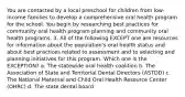 You are contacted by a local preschool for children from low-income families to develop a comprehensive oral health program for the school. You begin by researching best practices for community oral health program planning and community oral health programs. 3. All of the following EXCEPT one are resources for information about the population's oral health status and about best practices related to assessment and to selecting and planning initiatives for this program. Which one is the EXCEPTION? a. The statewide oral health coalition b. The Association of State and Territorial Dental Directors (ASTDD) c. The National Maternal and Child Oral Health Resource Center (OHRC) d. The state dental board