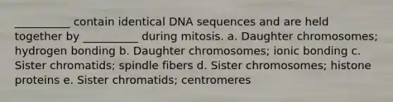 __________ contain identical DNA sequences and are held together by __________ during mitosis. a. Daughter chromosomes; hydrogen bonding b. Daughter chromosomes; ionic bonding c. Sister chromatids; spindle fibers d. Sister chromosomes; histone proteins e. Sister chromatids; centromeres