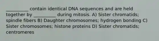 __________ contain identical DNA sequences and are held together by __________ during mitosis. A) Sister chromatids; spindle fibers B) Daughter chromosomes; hydrogen bonding C) Sister chromosomes; histone proteins D) Sister chromatids; centromeres