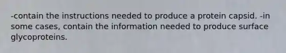 -contain the instructions needed to produce a protein capsid. -in some cases, contain the information needed to produce surface glycoproteins.