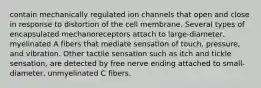 contain mechanically regulated ion channels that open and close in response to distortion of the cell membrane. Several types of encapsulated mechanoreceptors attach to large-diameter, myelinated A fibers that mediate sensation of touch, pressure, and vibration. Other tactile sensation such as itch and tickle sensation, are detected by free nerve ending attached to small-diameter, unmyelinated C fibers.