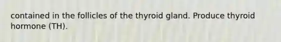 contained in the follicles of the thyroid gland. Produce thyroid hormone (TH).