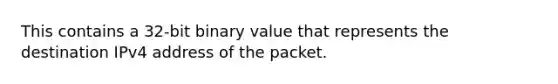 This contains a 32-bit binary value that represents the destination IPv4 address of the packet.