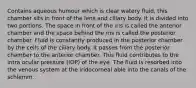 Contains aqueous humour which is clear watery fluid, this chamber sits in front of the lens and ciliary body. It is divided into two portions. The space in front of the iris is called the anterior chamber and the space behind the iris is called the posterior chamber. Fluid is constantly produced in the posterior chamber by the cells of the ciliary body. It passes from the posterior chamber to the anterior chamber. This fluid contributes to the intra ocular pressure (IOP) of the eye. The fluid is resorbed into the venous system at the iridocorneal able into the canals of the schlemm.