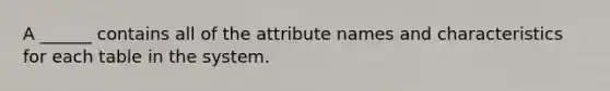 A ______ contains all of the attribute names and characteristics for each table in the system.