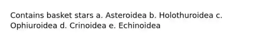 Contains basket stars a. Asteroidea b. Holothuroidea c. Ophiuroidea d. Crinoidea e. Echinoidea