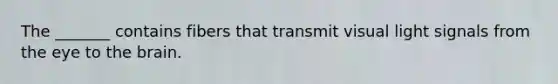 The _______ contains fibers that transmit visual light signals from the eye to <a href='https://www.questionai.com/knowledge/kLMtJeqKp6-the-brain' class='anchor-knowledge'>the brain</a>.