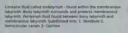 Contains fluid called endolymph - found within the membranous labyrinth -Bony labyrinth surrounds and protects membranous labyrinth. Perilymph fluid found between bony labyrinth and membranous labyrinth. Subdivided into: 1. Vestibule 2. Semicircular canals 3. Cochlea