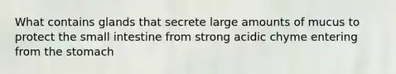 What contains glands that secrete large amounts of mucus to protect <a href='https://www.questionai.com/knowledge/kt623fh5xn-the-small-intestine' class='anchor-knowledge'>the small intestine</a> from strong acidic chyme entering from <a href='https://www.questionai.com/knowledge/kLccSGjkt8-the-stomach' class='anchor-knowledge'>the stomach</a>