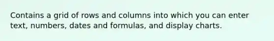 Contains a grid of rows and columns into which you can enter text, numbers, dates and formulas, and display charts.