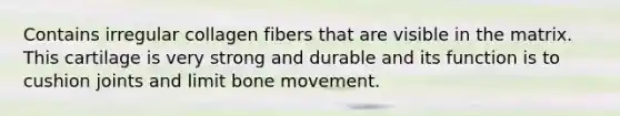 Contains irregular collagen fibers that are visible in the matrix. This cartilage is very strong and durable and its function is to cushion joints and limit bone movement.