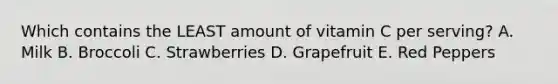 Which contains the LEAST amount of vitamin C per serving? A. Milk B. Broccoli C. Strawberries D. Grapefruit E. Red Peppers