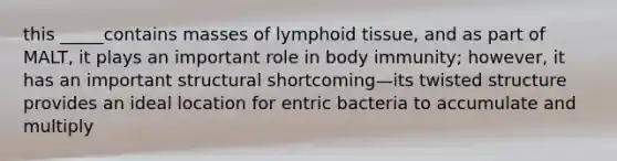 this _____contains masses of lymphoid tissue, and as part of MALT, it plays an important role in body immunity; however, it has an important structural shortcoming—its twisted structure provides an ideal location for entric bacteria to accumulate and multiply