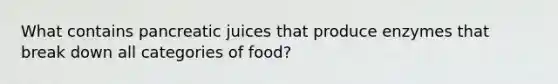 What contains pancreatic juices that produce enzymes that break down all categories of food?