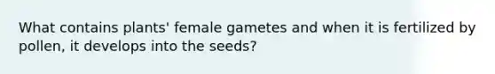 What contains plants' female gametes and when it is fertilized by pollen, it develops into the seeds?