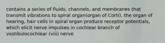 contains a series of fluids, channels, and membranes that transmit vibrations to spiral organ(organ of Corti), the organ of hearing, hair cells in spiral organ produce receptor potentials, which elicit nerve impulses in cochlear branch of vestibulocochlear (viii) nerve