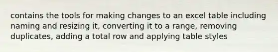 contains the tools for making changes to an excel table including naming and resizing it, converting it to a range, removing duplicates, adding a total row and applying table styles