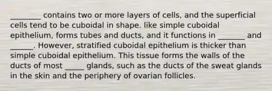 ________ contains two or more layers of cells, and the superficial cells tend to be cuboidal in shape. like simple cuboidal epithelium, forms tubes and ducts, and it functions in _______ and ______. However, stratified cuboidal epithelium is thicker than simple cuboidal epithelium. This tissue forms the walls of the ducts of most _____ glands, such as the ducts of the sweat glands in the skin and the periphery of ovarian follicles.