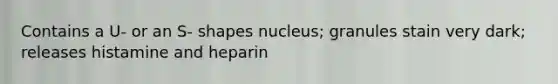 Contains a U- or an S- shapes nucleus; granules stain very dark; releases histamine and heparin