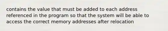 contains the value that must be added to each address referenced in the program so that the system will be able to access the correct memory addresses after relocation