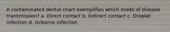 A contaminated dental chart exemplifies which mode of disease transmission? a. Direct contact b. Indirect contact c. Droplet infection d. Airborne infection