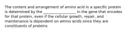 The content and arrangement of amino acid in a specific protein is determined by the __________________ in the gene that encodes for that protein, even if the cellular growth, repair, and maintenance is dependent on amino acids since they are constituents of proteins