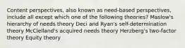 Content perspectives, also known as need-based perspectives, include all except which one of the following theories? Maslow's hierarchy of needs theory Deci and Ryan's self-determination theory McClelland's acquired needs theory Herzberg's two-factor theory Equity theory