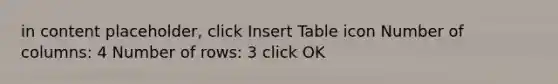 in content placeholder, click Insert Table icon Number of columns: 4 Number of rows: 3 click OK