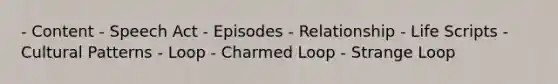 - Content - Speech Act - Episodes - Relationship - Life Scripts - Cultural Patterns - Loop - Charmed Loop - Strange Loop