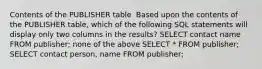 Contents of the PUBLISHER table ​ ​Based upon the contents of the PUBLISHER table, which of the following SQL statements will display only two columns in the results? ​SELECT contact name FROM publisher; ​none of the above ​SELECT * FROM publisher; ​SELECT contact person, name FROM publisher;